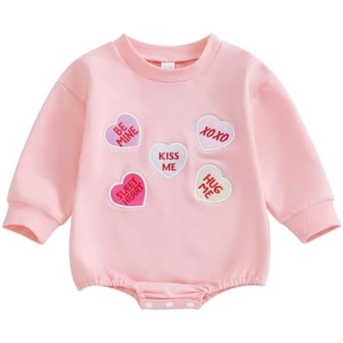 Kayotuas Baby Girl Valentines Outfit Pink Heart Embroidered Sweatshirt Romper Long Sleeve Bodysuit Jumpsuit Cute Fall Clothes