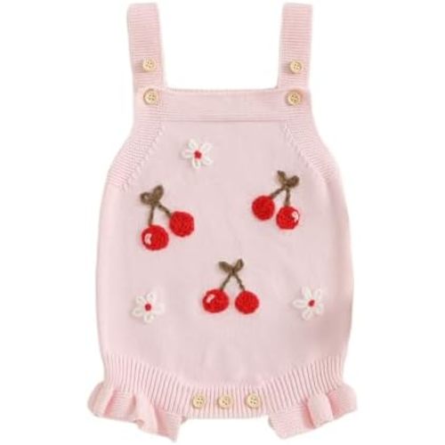 XRTBMN Infant Girl Cherry Sweater Rompers Sleeveless Embroidery Floral Ruffled Knit Bodysuit Newborn Baby Coming Home Outfit