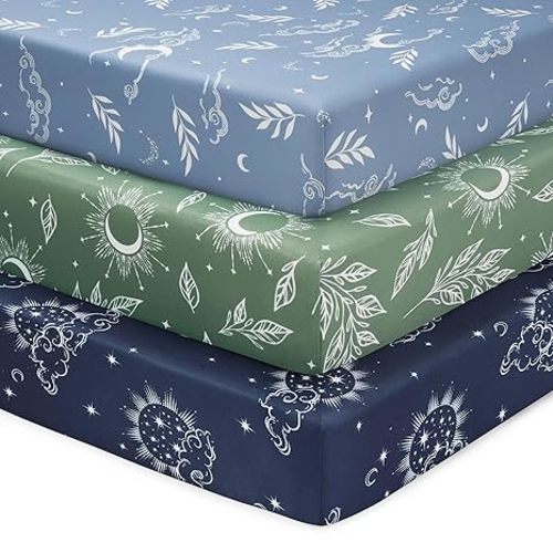 Baby Crib Sheets for Boys and Girls, 3 Pack Fitted Toddler Bed Sheets Neutral for 52”x28” Standard Crib and Toddler Mattresses, Super Soft Microfiber Green Starry Sky