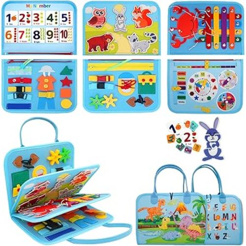 MEGRANATE Montessori Busy Board, Baby Busy Book Educational Learning Toys for Toddlers Quiet Book Activity Books Buckle Toy Fine Motor Skills Toys for 3+ Year Old Kids (Blue)