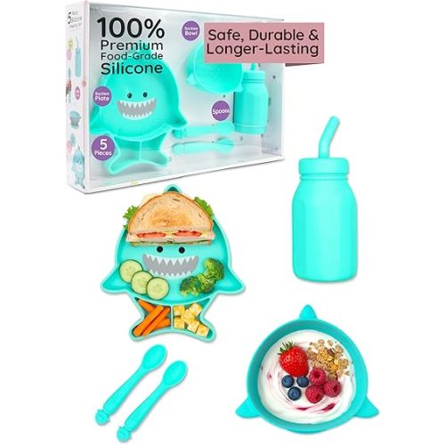melii 5-Piece Silicone Baby Feeding Set | Divided Suction Plate, Suction Bowl, Straw Cup & Spoons, Food-Grade Silicone, BPA-Free, Dishwasher & Microwave Safe, BLW Toddler Set, Shark Design