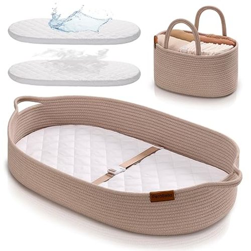 XL Baby Changing Basket for Dresser Top, Moses Baskets for Newborn, Portable Baby Diaper Changing Pad Table Topper for Dresser, Moses Bassinet Mat with Waterproof Pad Cover and Diaper Caddy