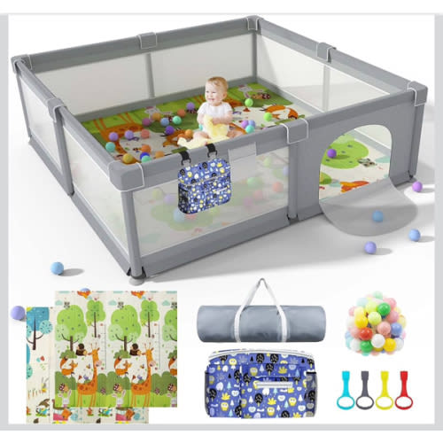 Baby Playpen 79" X 71", LUTIKIANG Play Yard for Babies and Toddlers with Mat, Safety Extra Large Baby Fence Area, Indoor & Outdoor Kids Activity Play Center with Anti-Slip Suckers and Zipper Gate.
