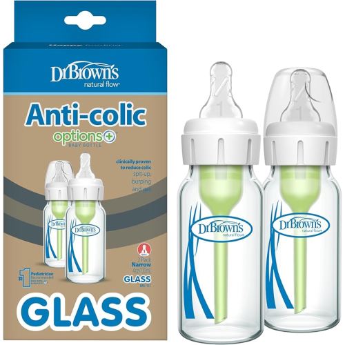 Dr. Brown's Anti-Colic Options+ Narrow Glass Baby Bottle with Level 1 Slow Flow Nipple, BPA-Free, 4 oz/120mL, 2-Pack