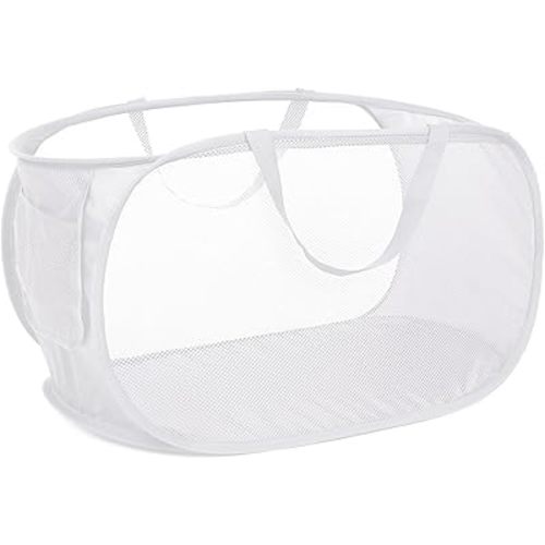 Strong Mesh Pop Up Laundry Basket, Collapsible Laundry Hamper with Side Pocket, Foldable Clothes Pop Up Hamper with Durable Reinforced Handles for Laundry, Bathroom, Kids Room, Dorm or Travel White