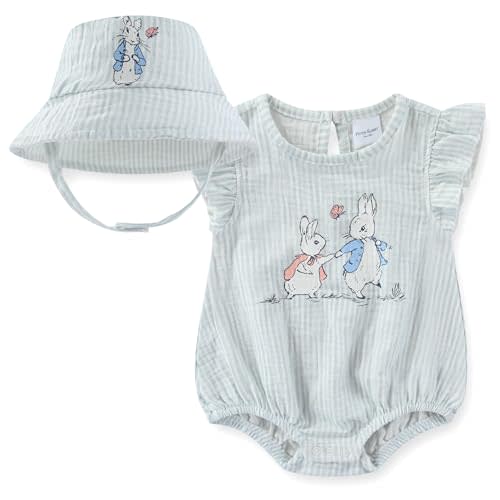 Peter Rabbit Baby Girls Romper with Hat 2 Pc Set for Newborn and Infant
