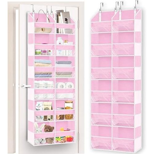 Over The Door Organizer 6 Tiers, Extra Large Behind Door Storage of 12 Compartments, 80 lbs Weight Capacity Hanging Storage Organizer with Clear Window Kids Toys,Shoes,Diapers,Room Storage,Pink