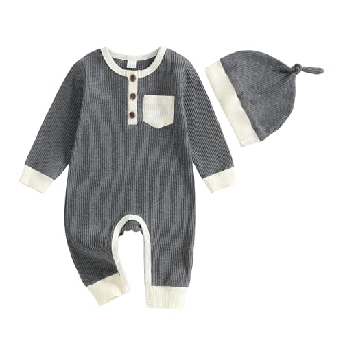 fhutpw Newborn Baby Boy Clothes Ribbed Knit Bodysuit 3 6 Months Infant Fall Long Sleeve Splicing Color Romper Jumpsuit & Hat