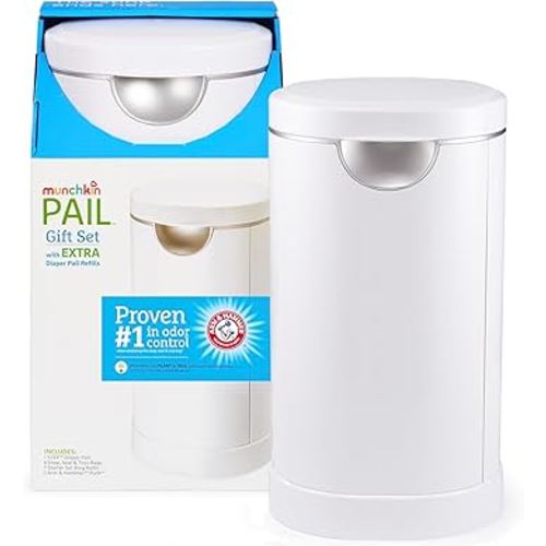 Munchkin® PAIL™ Diaper Pail Baby Registry Starter Set, Powered by Arm & Hammer, Includes 6 Snap, Seal and Toss™ Bags, 1 Starter Refill Ring, and 1 PUCK™ Baking Soda Cartridge