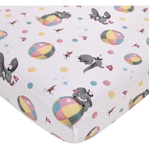 Disney Vintage Dumbo - Gray, White and Multi-Colored Circus Flags, Balls and Timothy Mouse Nursery Fitted Crib Sheet
