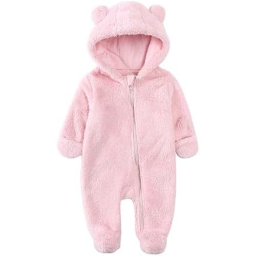 Alunsito Infant Baby Fleece Jumpsuits Newborn Plush Bear Ear Sleepwear Hooded Romper Zipper Long Sleeve Bodysuit Footies