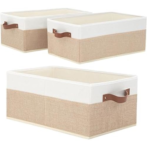 Closet Organizer Bins 3 Pack, Large Storage Bins for Shelves, Foldable Closet Storage Boxes Baskets with Leather Handles for Organizing Clothes, Sheets, Jeans, Toys, Books（Begie）
