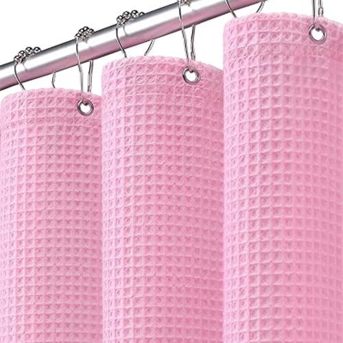 Waffle Weave Shower Curtain - Pink Cotton Fabric Texture Heavyweight Shower Curtain for Bathroom,Washable,72Wx72L