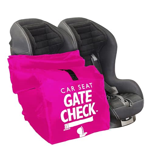 J.L. Childress Gate Check Bag for Car Seats - Travel Bag for Airplane - Includes AIRTAG Holder - Fits All Baby Car Seats, Infant Carriers & Child Booster Seats, Neon Pink