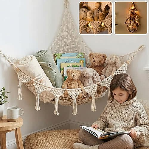 Stuffed Animal Hammock Corner | Sturdy Handcrafted Stuffed Animal Net | 4mm Double Macrame Cord Stuffed Animal Holder | Natural 100% Cotton Plushie Net | Toy Hammock w/LED Light (Ice Cream)