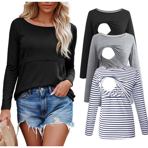 Smallshow Maternity Tops, 3-Pack Long Sleeve Nursing Shirts, Comfortable and Stretchy