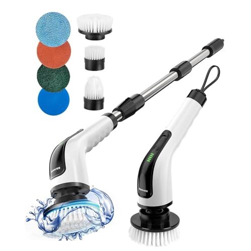 Electric Spin Scrubber, Power Shower Cleaning Brush with Long Handle | Cordless Cleaning Scrubber, 7 Replaceable Brush Heads, 90Mins Work Time, 3 Adjustable Size, 2 Speeds for Bathroom Cleaner