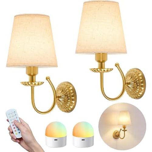 Wireless Wall Sconces Set of Two 14"H, 5300mAh Battery Operated Wall Sconce, Rechargeable Bulbs with Remote, 15 Colors Dimmable Wall Sconces with Fabric Shade for Bedroom Living Room(Brushed Gold)