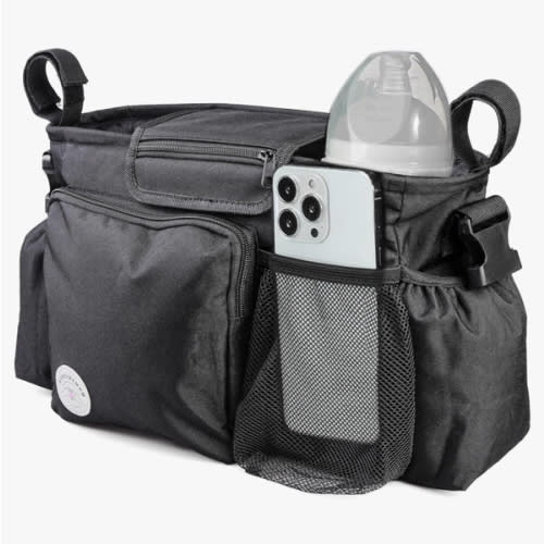 Universal Stroller Organizer - Stroller Caddy with Insulated Cup Holder, Transparent Phone Pocket, Adjustable Strap - Polyester Bag for Baby Accessories - Fits Single & Double Strollers