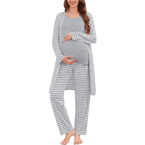 SWOMOG Maternity Nursing Robe Set 3 PCS Women Postpartum Pajamas Breastfeeding Labor Delivery Hospital Pregnancy Pjs