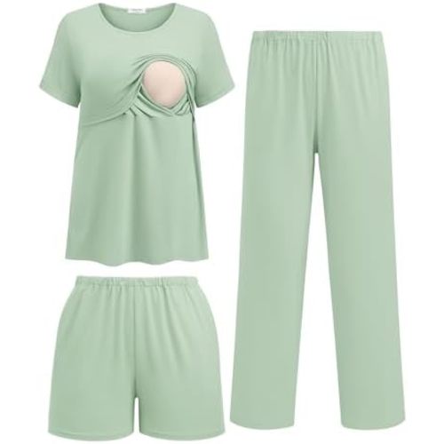 Ekouaer 3 Piece Postpartum Nursing Pajamas Set Short Sleeve Breastfeeding Shirts Pregnancy Shorts & Pants Maternity Pjs