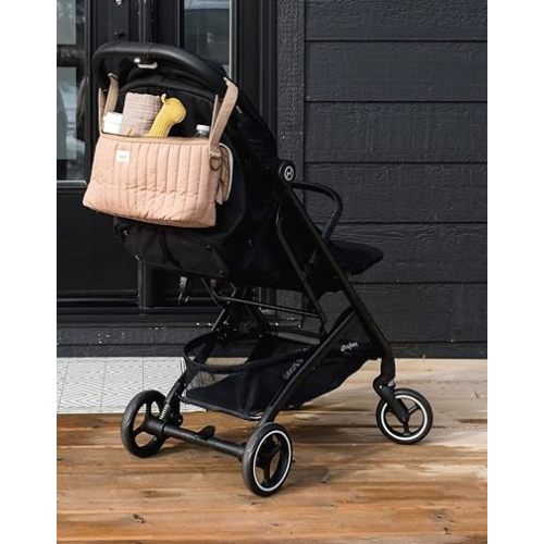 3 Sprouts Universal Quilted Stroller Organizer with Cup Holder and Zip Top - Durable Stroller Caddy Accessory with Storage - Shoulder Strap Converts Organizer to Small Diaper Bag - Clay