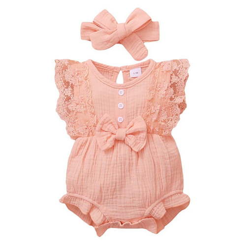 FAOWME Baby Girl Lace Romper Sleeveless Ruffle Bow Decorated Jumpsuit Onesie Bodysuit With Headband Baby Clothes Pink 12-18 Months