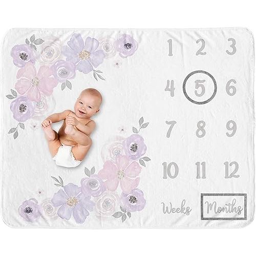 Sweet Jojo Designs Watercolor Floral Girl Milestone Blanket Monthly Newborn First Year Growth Mat Baby Shower Memory Keepsake Gift Picture - Lavender Purple, Pink and Grey Boho Shabby Chic Rose Flower