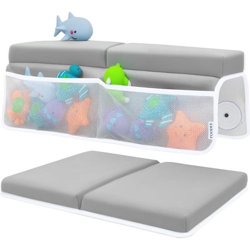 Comfortable Baby Bath Kneeler and Elbow Rest Pad Set - 1.5 Inch, Grey | Memory foam core, bathtub kneeling pad for bathing infants to toddlers, knee mat, toy organizer, machine washable