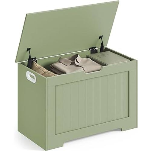 VASAGLE Storage Chest, 29.9 Inches Width Storage Bench, Entryway Bench with 2 Safety Hinges, Shoe Bench, Farmhouse Style, for Entryway, Bedroom, Living Room, Laurel Green ULHS011C01