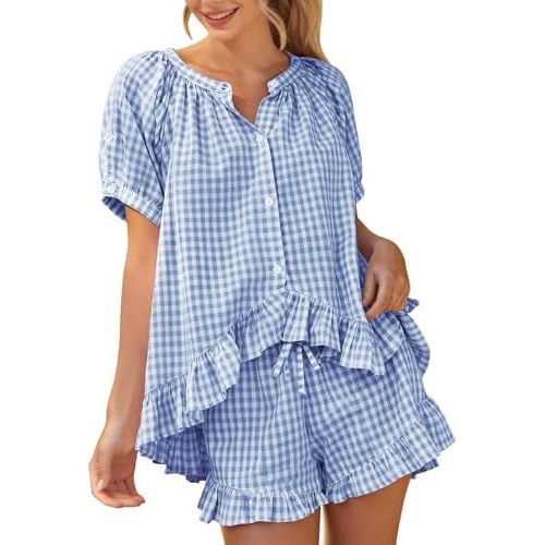 PEHMEA Women's Gingham 2 Piece Pajama Set Cotton Pj Ruffle Babydoll Short Sleeve Shirt Lounge Shorts Summer Outfits