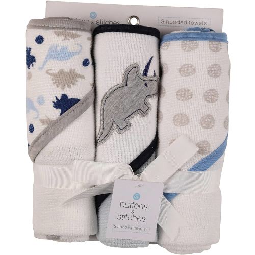 Cudlie Buttons and Stitches Baby Boys 3 Pack Infant Hooded Towel, Triceratops Prints (GS71365)