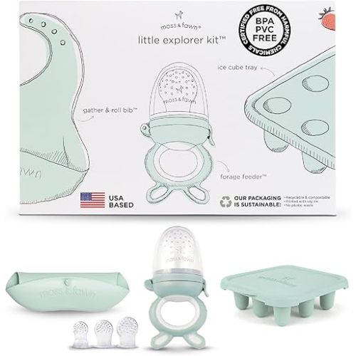 Moss and Fawn Little Explorer Kit - Silicone Frozen Breast Milk Popsicle Kit with Forage Feeder, Teething Popsicle Ice Cube Tray, & Gather & Roll Baby Feeding Bib - BPA, PVC, & Lead-Free - Fern