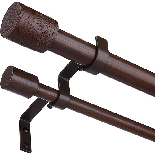 Double Curtain Rods for Windows 66 to 120 Inch, Adjustable Decorative 1'' Heavy Duty Walnut Wood Dual Curtain Rod, Boho Farmhouse Long Window Treatment Rods with Modern Faux Wood Grain Finials