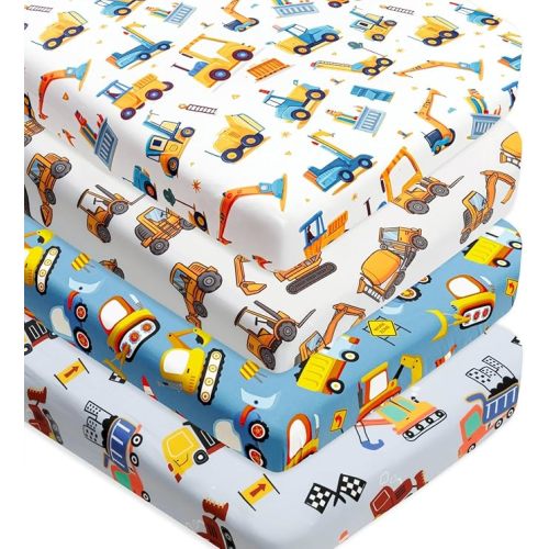 4 Pack Baby Boy Crib Sheets Set Soft Fitted Baby Boy Mattress Covers Construction Truck or Dinosaur Theme Breathable Toddler Sheets for Infant Boys (Construction Truck, Crib Sheets)