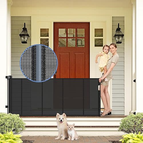Reinforced Retractable Baby Gate with Support Beam 60" Wide Retractable Dog Gate Prevent Children and Dogs from Crawling Under The Gate Outdoor Retractable Gate for Dogs Mesh Baby Gate Retractable