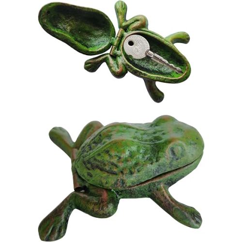 BSTGIFTS Iron Frog Key Hider - Outdoor Statue, Cast Iron, Green Frog, Hide a Key, Garden Decoration