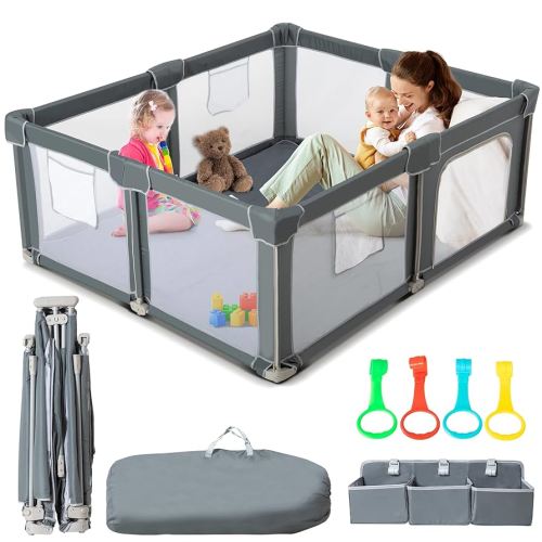59"x71" Foldable Baby Playpen for Babies & Toddlers, Tool Free Assembly Play Yard with Gates, Baby Fence with Storage Bag & 4 Handlers for Indoor & Outdoor