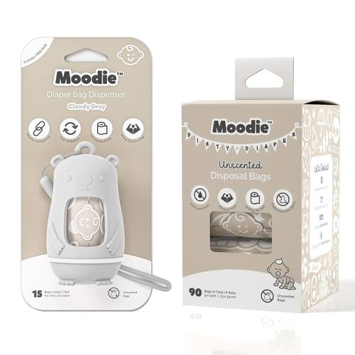 Moodie Teddy Bear Diaper Bag Dispenser w/Silicon Strap (CLOUDY GREY) & 6 Refill Roll PACK (UNSCENTED - 105 Bags TOTAL) | Diaper Bag Essential Items