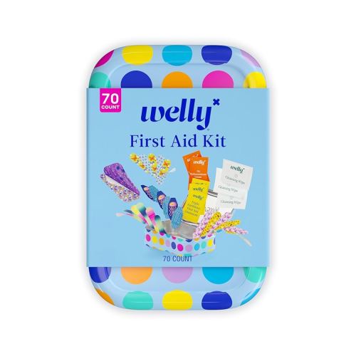 Welly First Aid Kit - Adhesive Bandages in Flexible Fabric and Waterproof, Singe Use Ointments (Triple Antibiotic, Cleansing Wipes and Hydrocortisone) - 70 Count