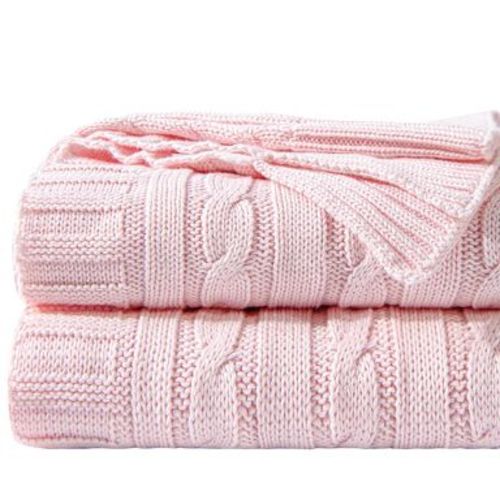 Cotton Cable Knit Throw Blanket, Super Soft Warm Knitted Throw Blanket, 51x67 Inches, Baby Pink - NTBAY