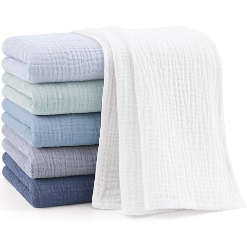 Bearmoss 6 Pack Muslin Burp Cloths for Baby, 100% Cotton Soft Large Burping Cloths for Unisex, Boy, Girl, 23.6" X 23.6" Newborn Essentials Absorbent Milk Spit Up Rags (Blue)