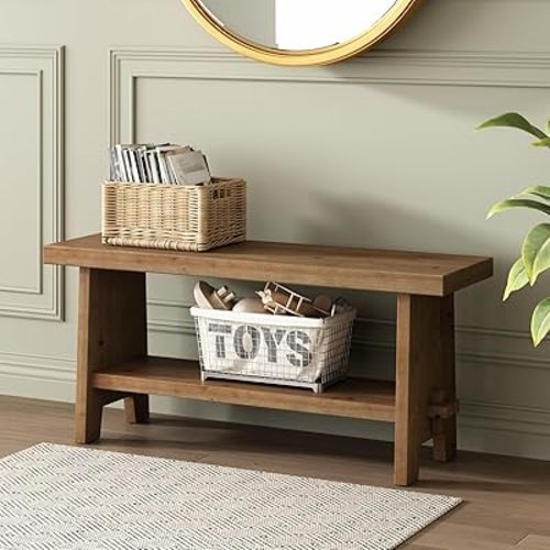 Solid Wood Entryway Bench - 39.4" Farmhouse Long Storage Bench, Rustic Narrow Bench Seat for Indoor, Entryway, Dining Room, Living Room and Hallway, Brown