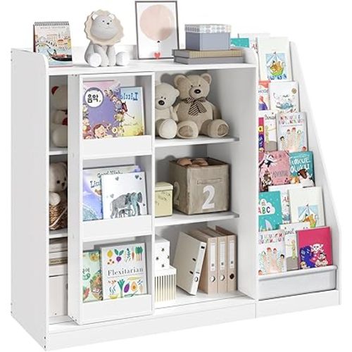 Kids Bookshelf and Toy Storage, Bookcase with Sling Rack, Book Stand with Sliding Storage Door, Wooden Toy Organizer with Book Shelf, for Kids Room, Playroom, Nursery, White KBWT8601