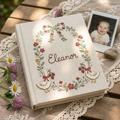 Personalized Hand Embroidered Baby Photo Album, Custom Floral Memory Book Newborn, Linen Baby Scrapbook