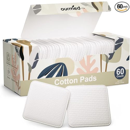 Ourmed Life Large Cotton Pads for Face, 3 x 3 Makeup Remover Pads, 60 ct