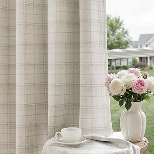 Beige Plaid Jacquard Blackout Curtains 84 Inches Long 2 Panels for Bedroom Living Room Buffalo Check Gingham Room Darkening Thermal Insulated Soundproof Grommet Window Drapes, 52x84 2 Set