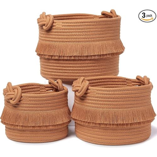 NaturalCozy 3-Piece Boho Decor Storage Basket Set Cotton Rope Woven Baskets for Organizing! Small Basket for Baby Stuff, Baby Shower, Gift Basket, Nursery Basket, Planter, Toy Basket, Shelves