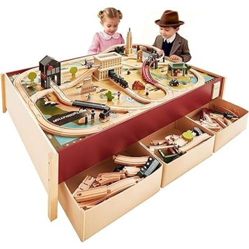 Tiny Land Large Wooden Train Table (47.9”x35.2”) with 104PCS Train Set