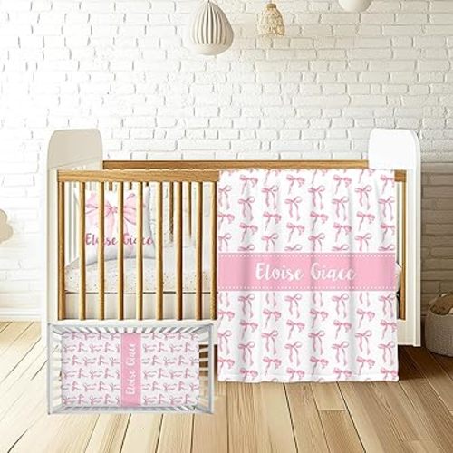 Custom Baby Girl Crib Bedding Set – Personalized 3-Piece Nursery Bedding with Pink Bows, Soft Blanket, Fitted Crib Sheet & Pillowcase – Infant Toddler Gift for Newborn
